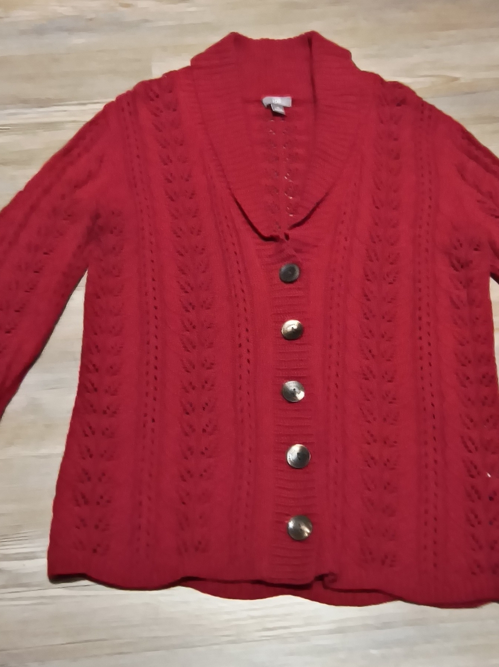 Open-Stitch Red V-Neck Button Sweater